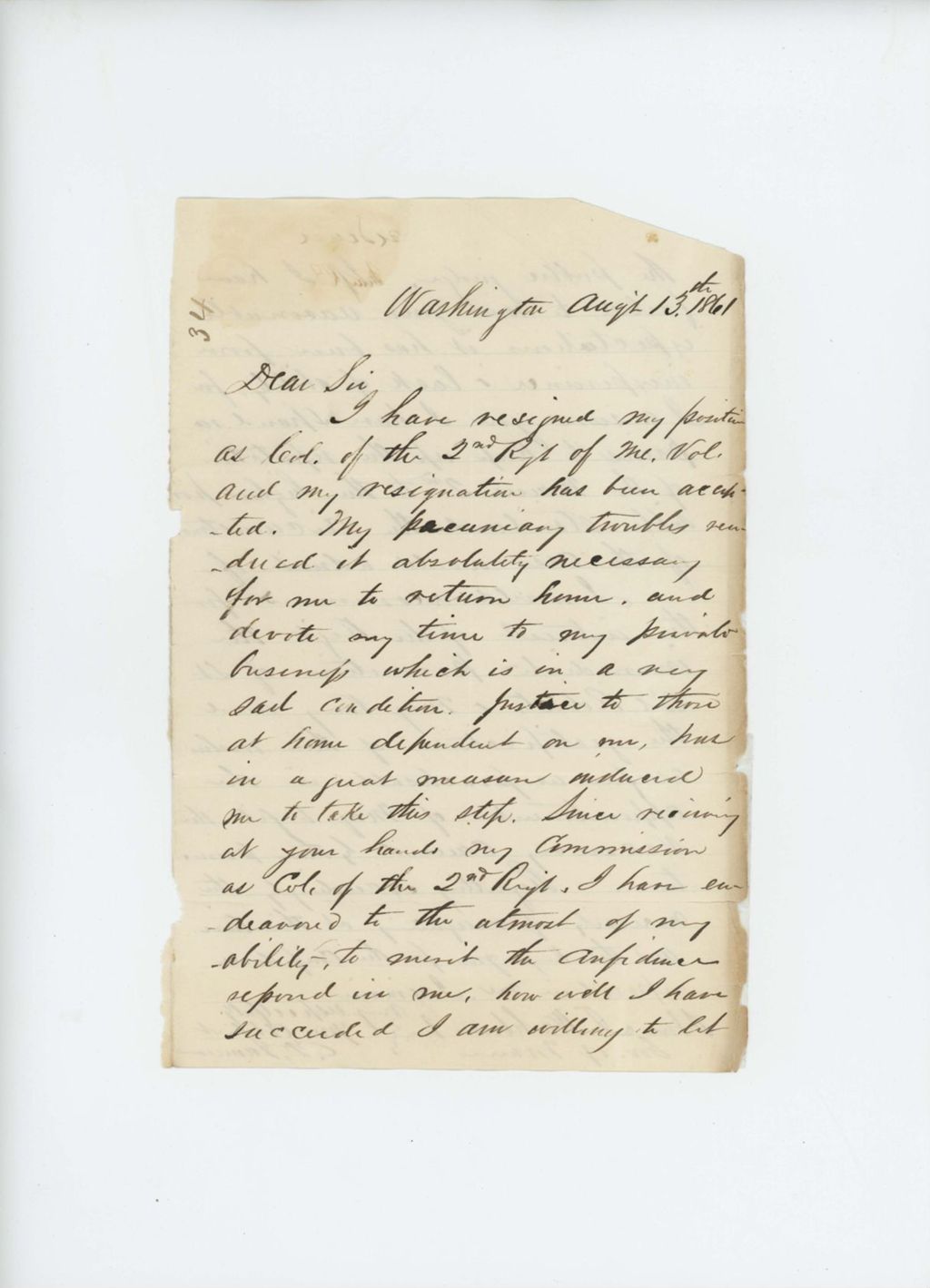 Miniature of Colonel Jameson writes to Governor Washburn to resign his position