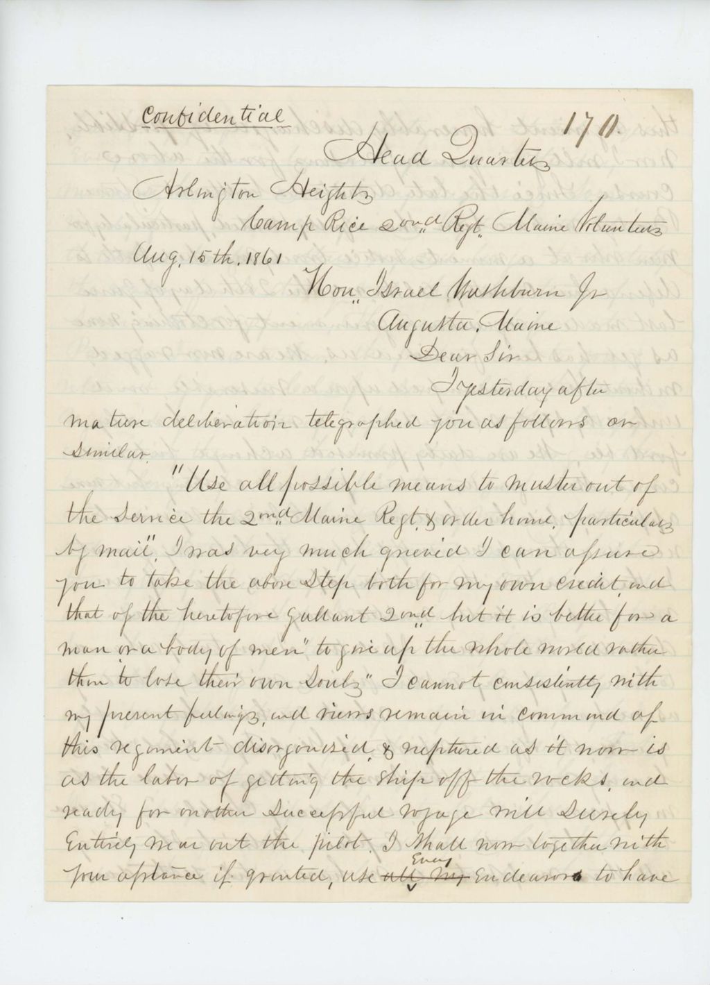 Miniature of Colonel Charles Roberts writes to Governor Washburn requesting immediate discharge of the 2nd Regiment