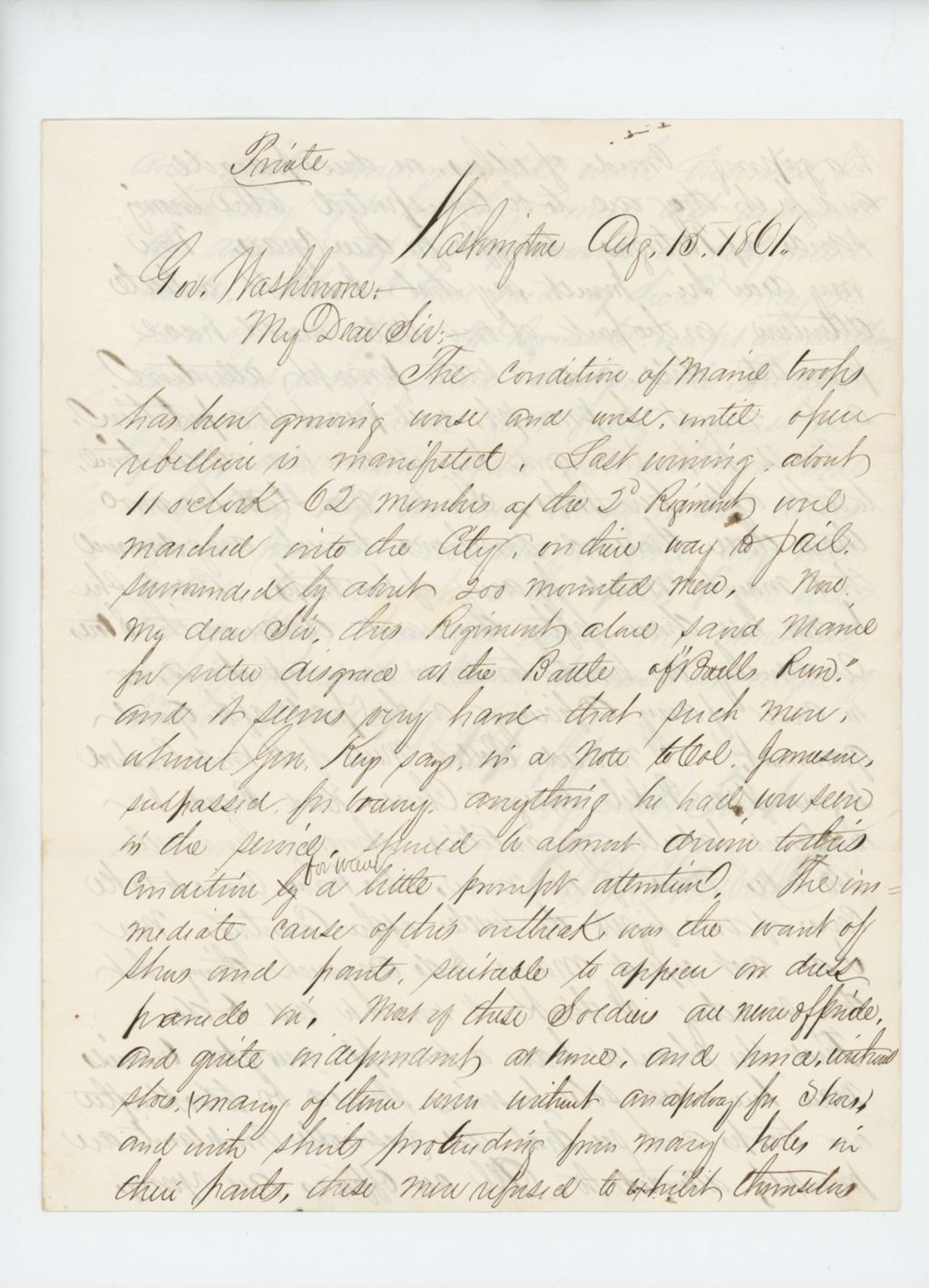 Miniature of A.B. Farwell writes to Governor Washburn regarding open rebellion of the 2nd Regiment troops and urges more attention be paid to their wants