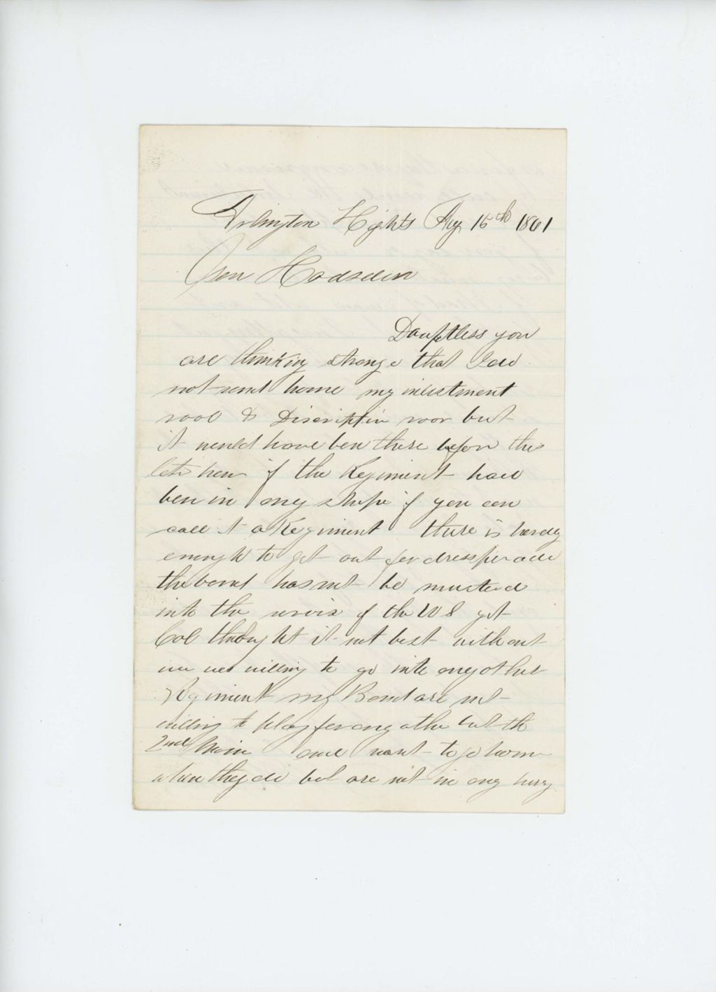 Miniature of A.D. Harlow writes to Adjutant General Hodsdon explaining the poor state of the regiment