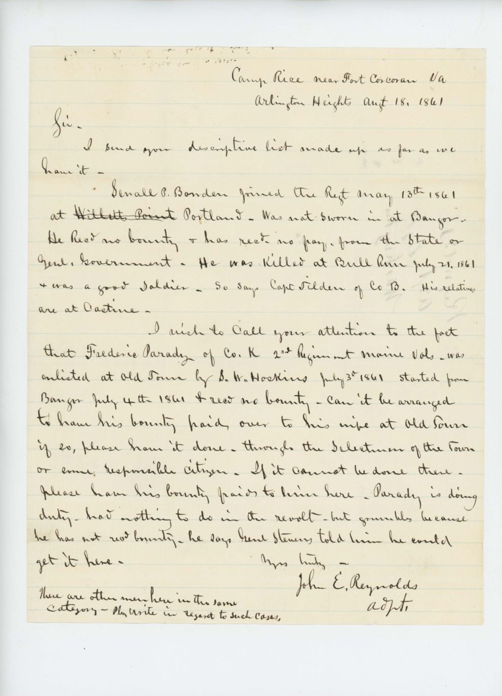 Miniature of 1861-08-18  Adjutant John Reynolds sends descriptive list and requests bounty payments for men