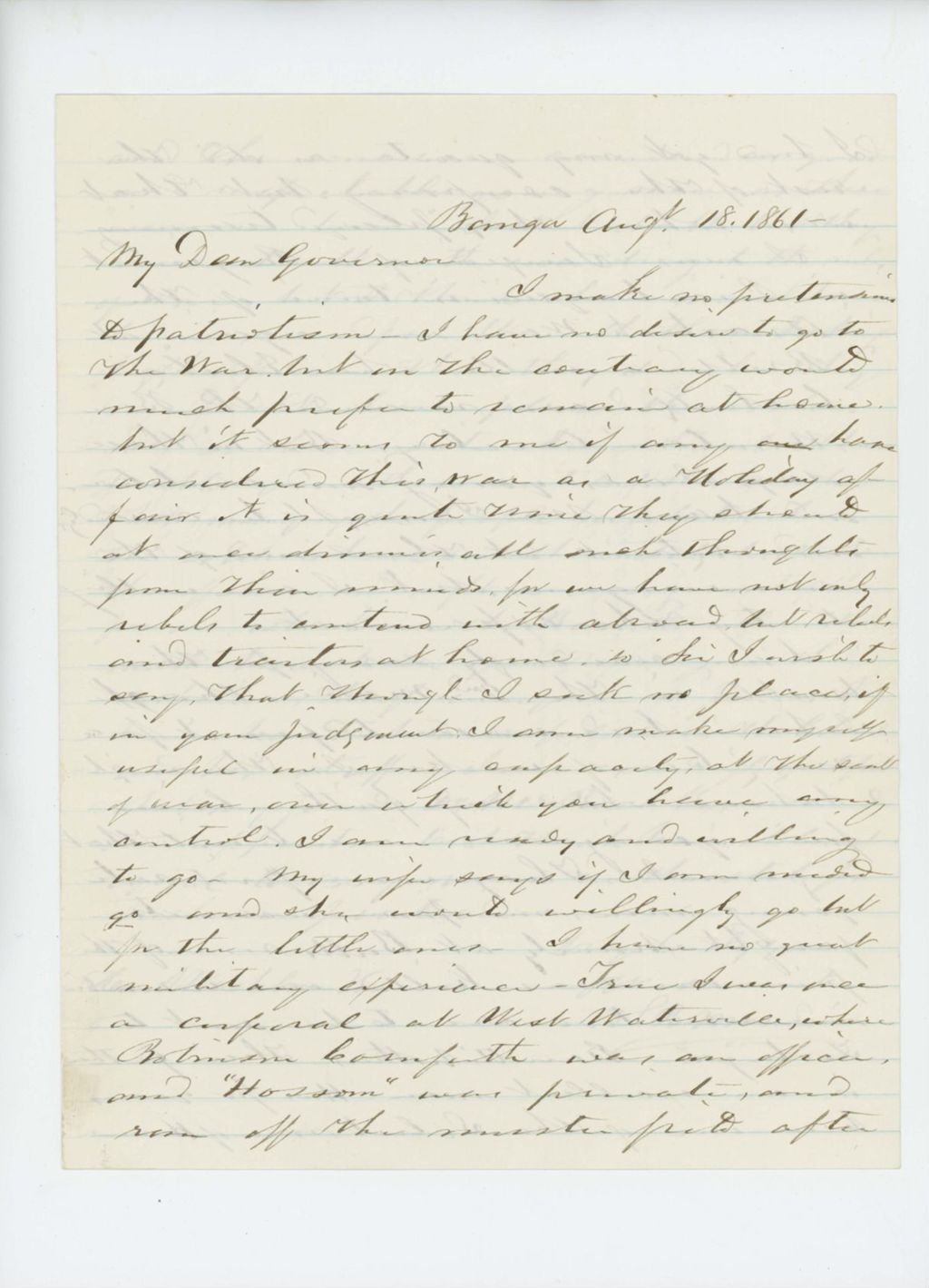 Miniature of 1861-08-18  S.B Morrison writes to Governor Washburn to offer his services