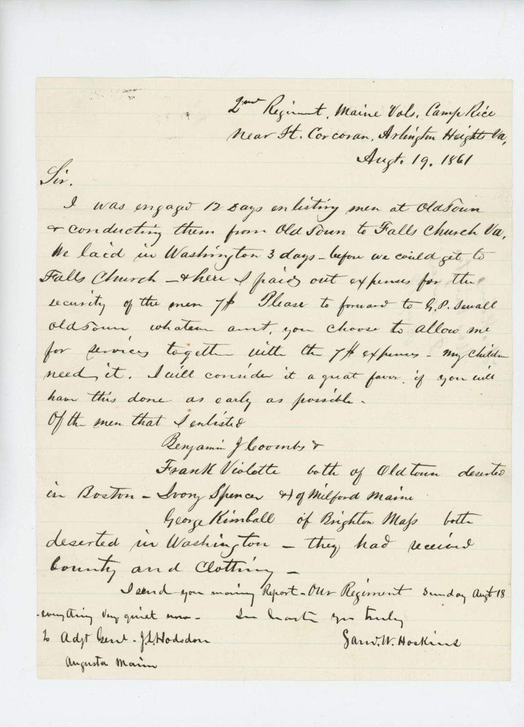 Miniature of 1861-08-19  Samuel W. Hoskins submits invoice to Adjutant General Hodsdon for transport of additional recruits