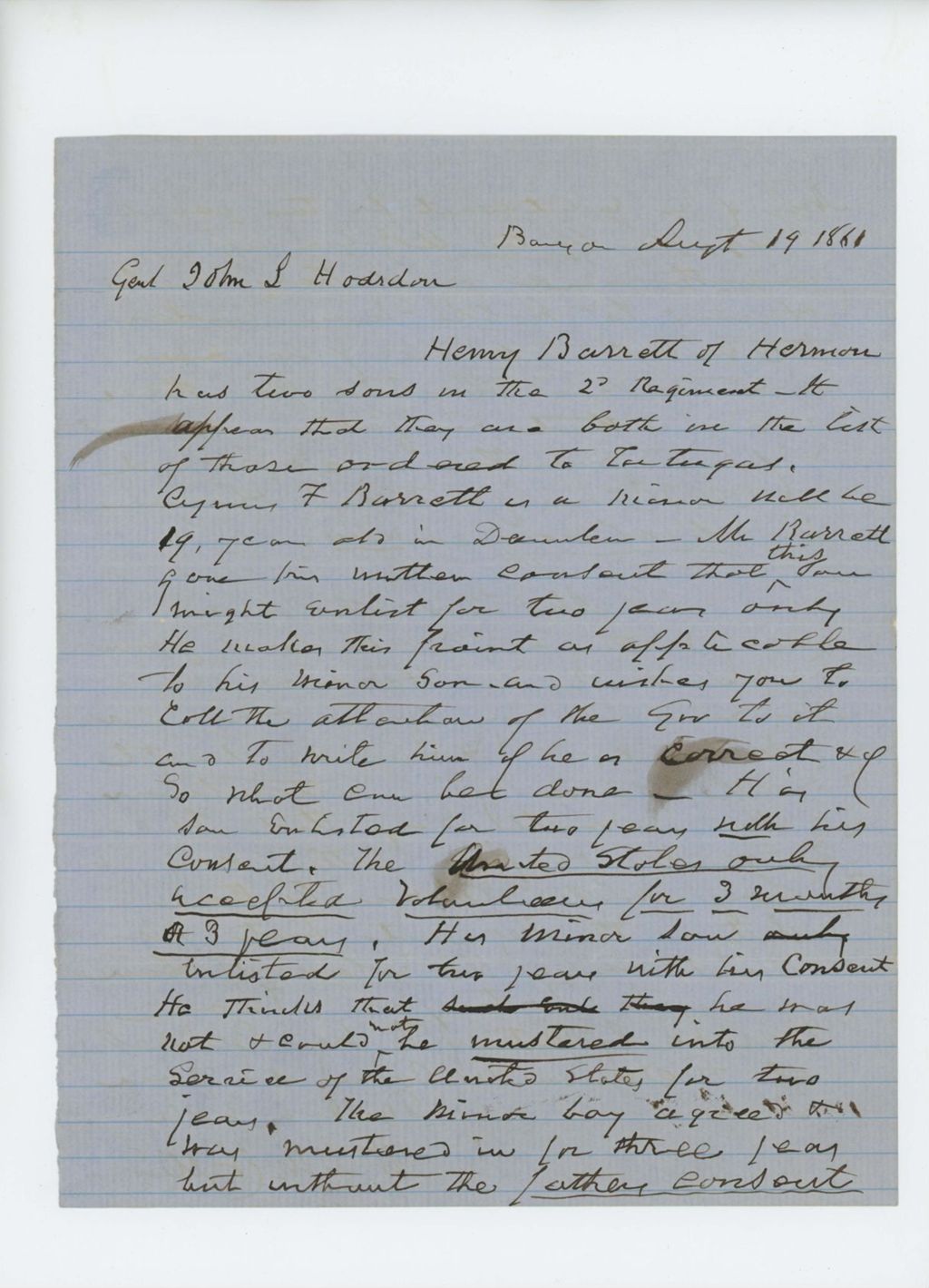 Miniature of 1861-08-19  Mr. McGillis writes to Adjutant General Hodsdon on behalf of Henry Barrett