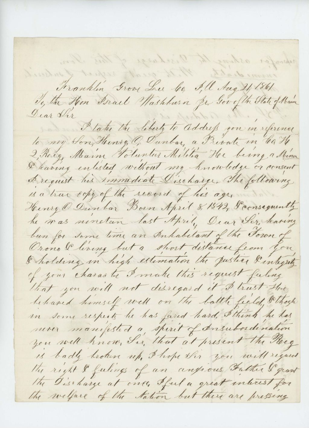 Miniature of 1861-08-21  Reverend Otis Dunbar requests the discharge of his son Henry from the 2nd Maine Regiment