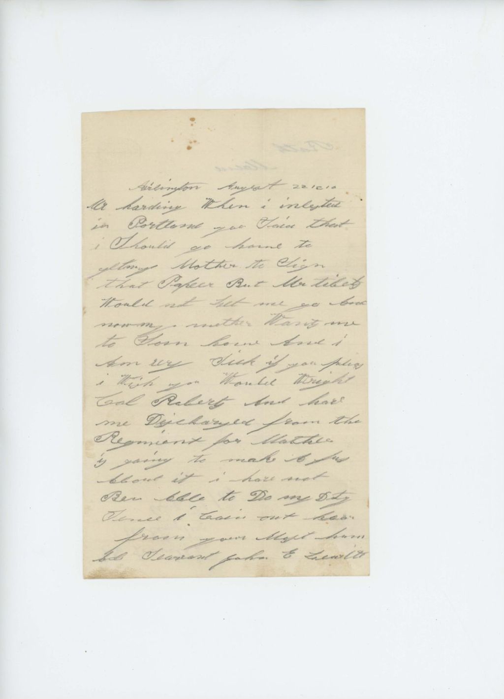 Miniature of 1861-08-22  John E. Leavitt requests discharge from the regiment