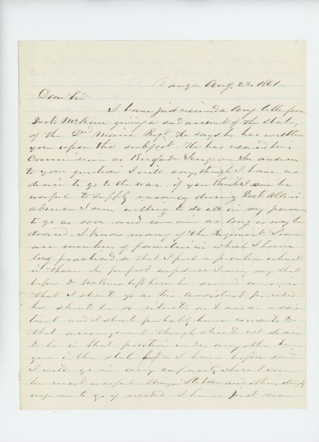 Miniature of 1861-08-22  S.B. Morrison offers his services as assistant to Dr. McRuer