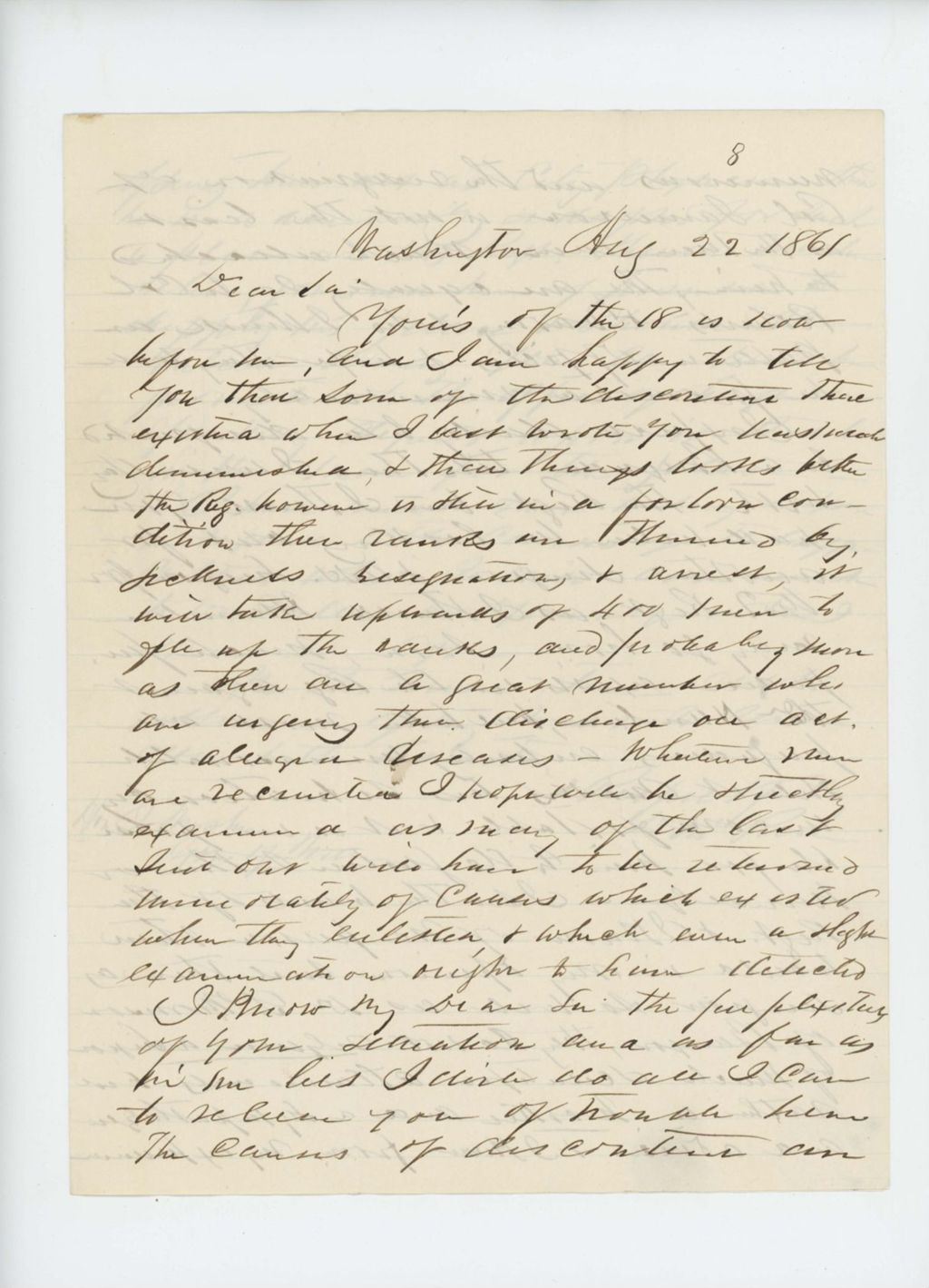 Miniature of 1861-08-22  Dr. Daniel McRuer writes to Governor Washburn about the status of the regiment