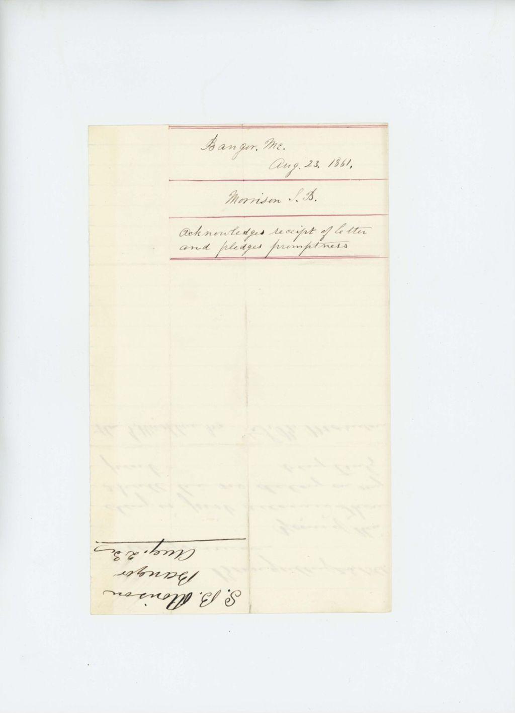 Miniature of 1861-08-23  S.B. Morrison acknowledges receipt of Governor Washburn's letter