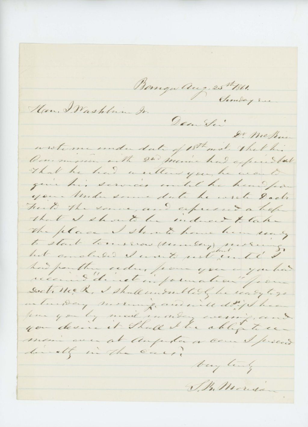 Miniature of 1861-08-25  S.B. Morrison writes to Governor Washburn
