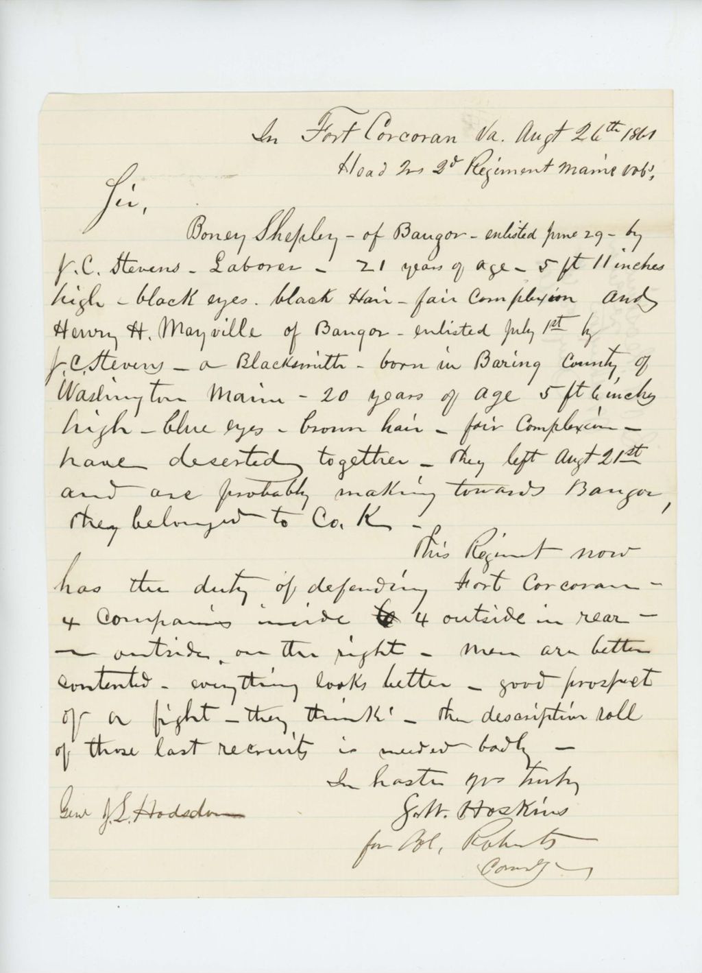 Miniature of 1861-08-26  Samuel W. Hoskins writes to Adjutant General Hodsdon regarding deserters Shepley, Stevens, and Mayville