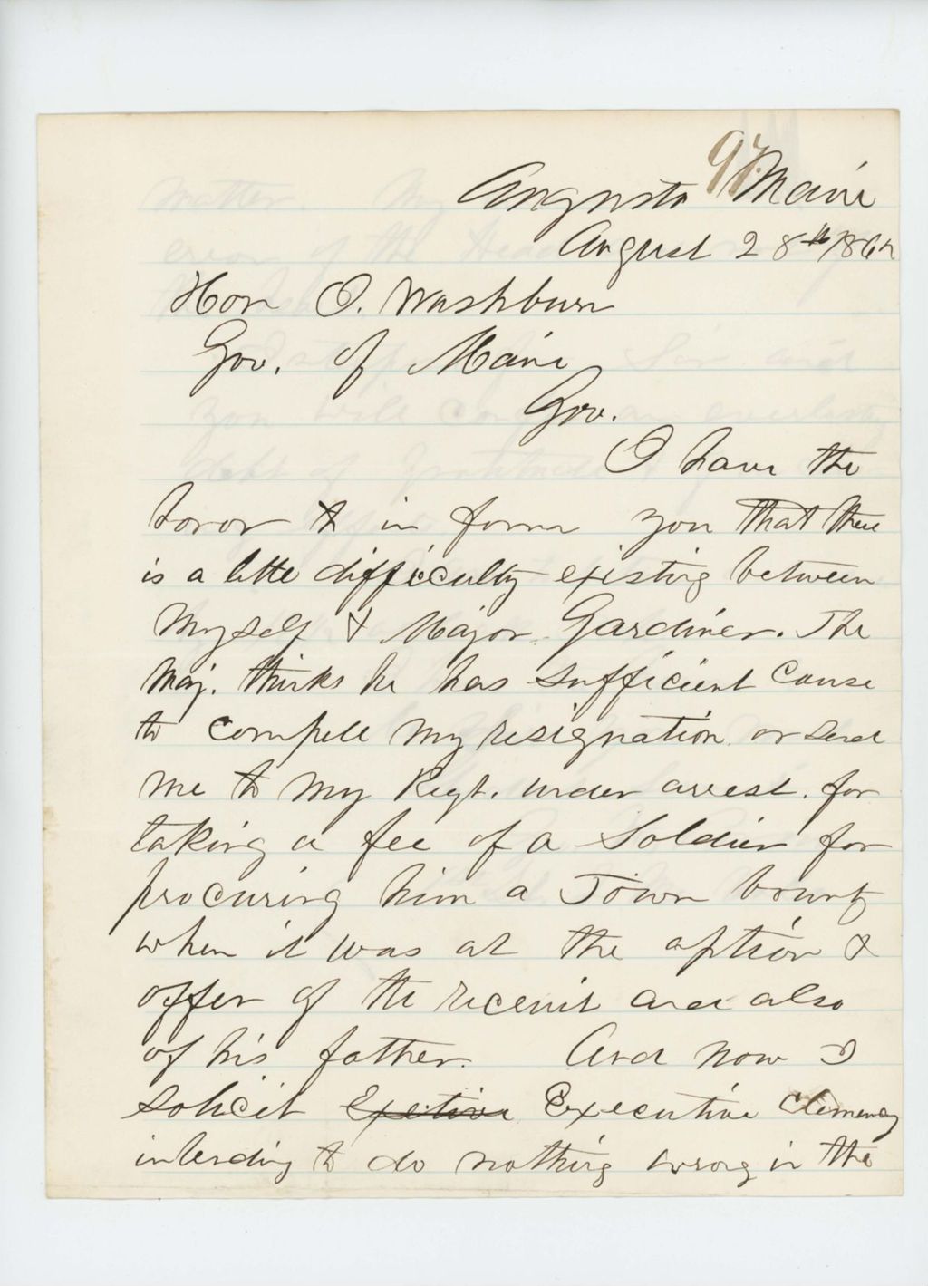Miniature of 1861-08-28  1st Lieutenant George W. Brown writes to Governor Washburn regarding Major Gardiner's accusations