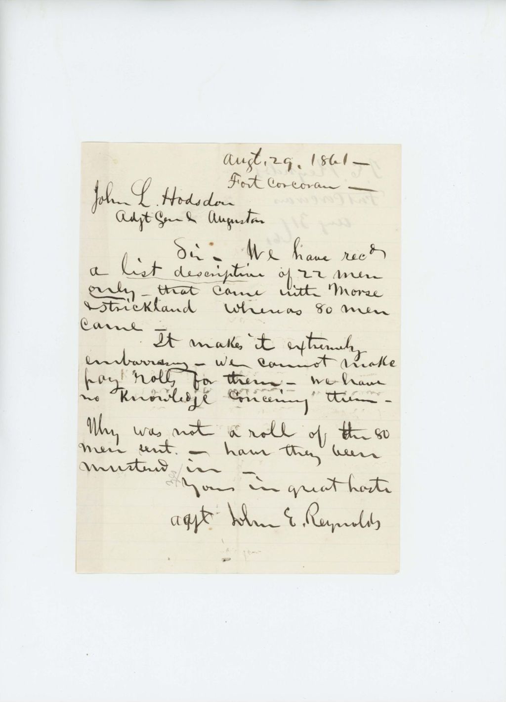 Miniature of 1861-08-31  Adjutant John E. Reynolds expresses frustration to Adjutant General John Hodsdon regarding incomplete descriptive rolls