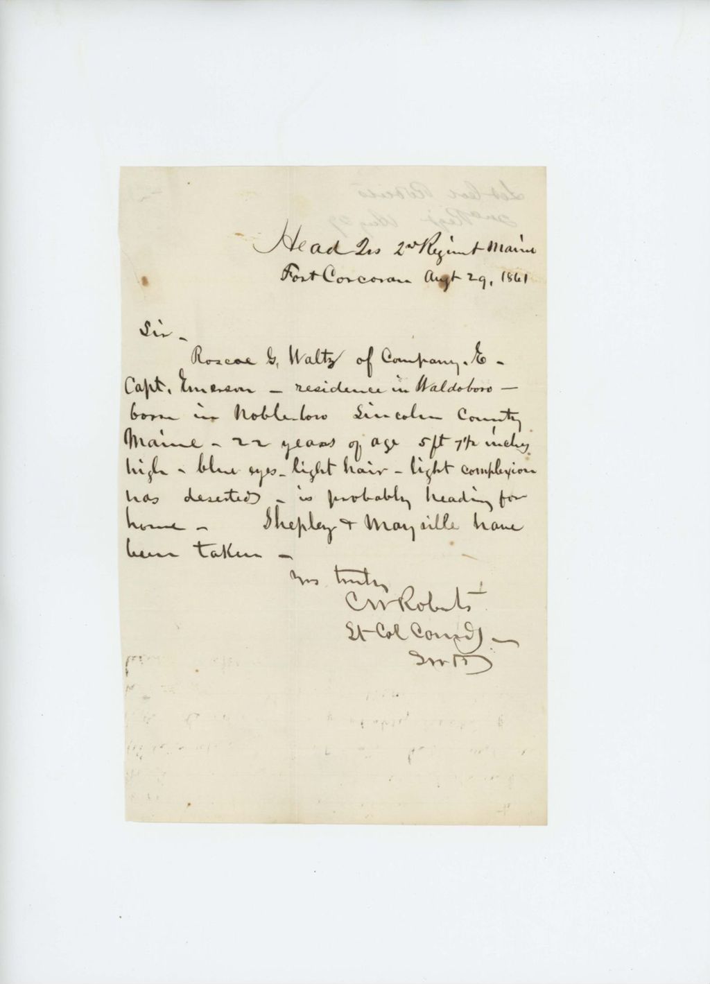 Miniature of 1861-08-29  Lieutenant Colonel Charles W. Roberts reports that Roscoe G. Waltz has deserted