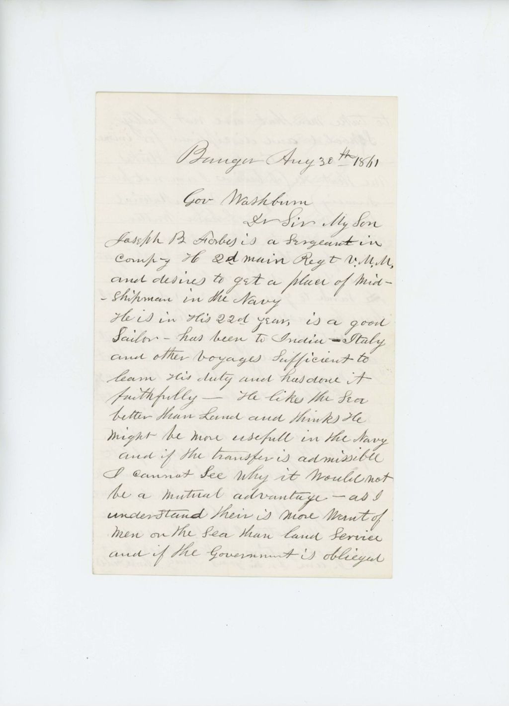 Miniature of 1861-08-30  Joseph Forbes requests his son Joseph B. Forbes be transferred to the Navy