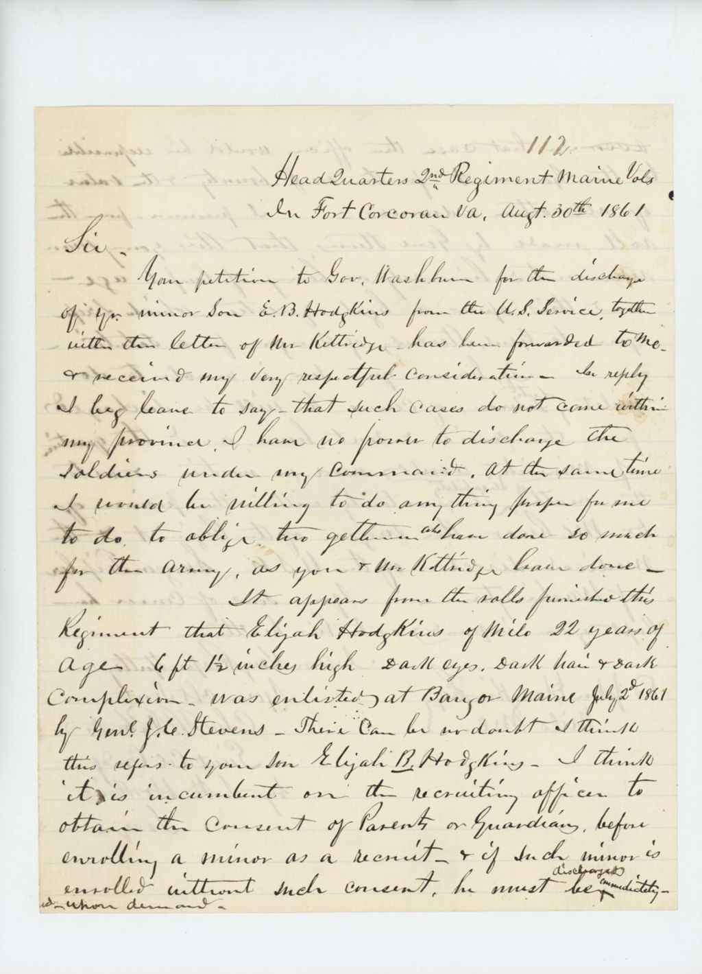 Miniature of 1861-08-30 Lieutenant Colonel Charles W. Roberts replies to John Hodgkins regarding discharge of his son
