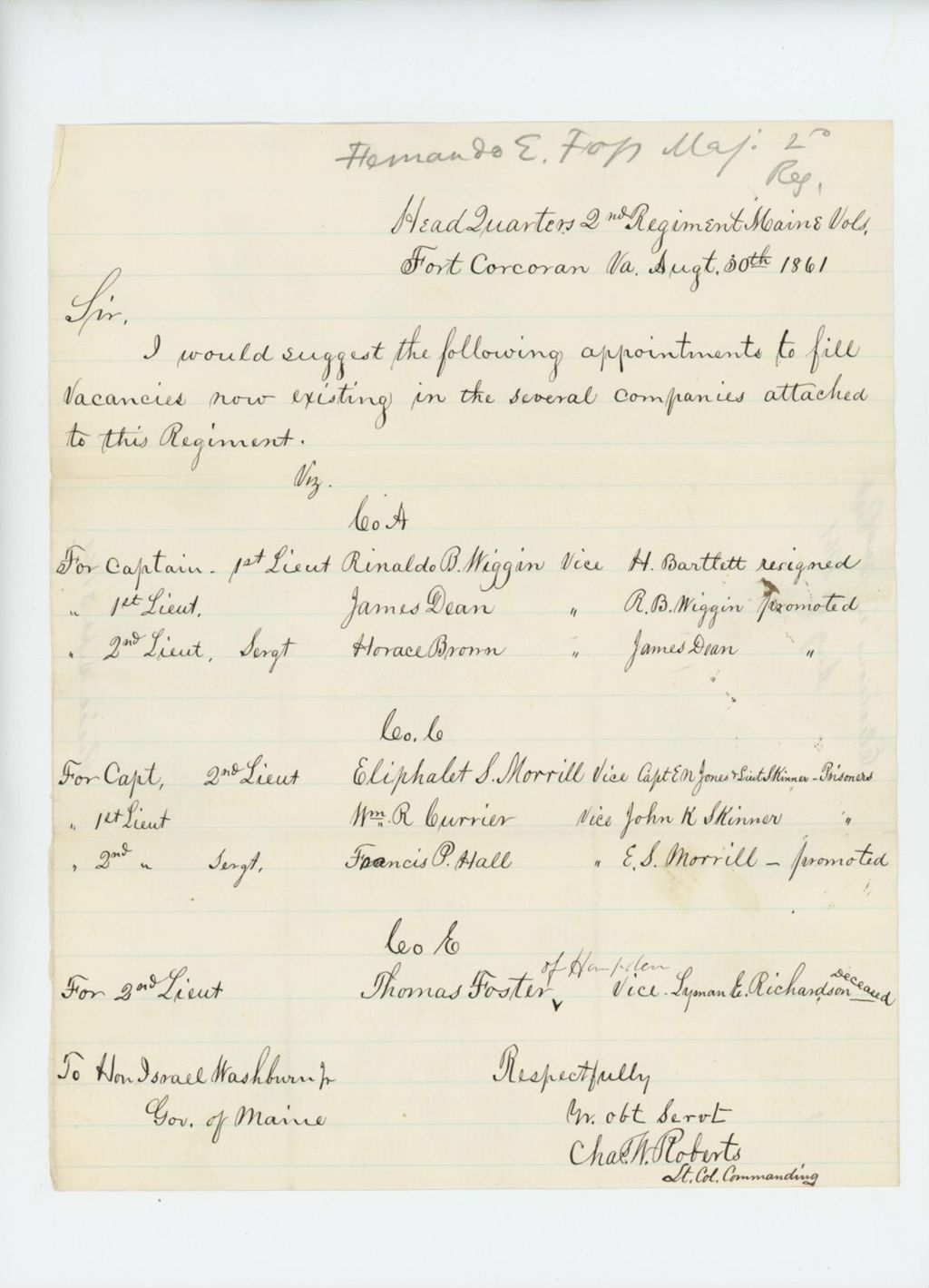 Miniature of 1861-08-31 Lieutenant Colonel Charles Roberts suggests officers for election in regiment