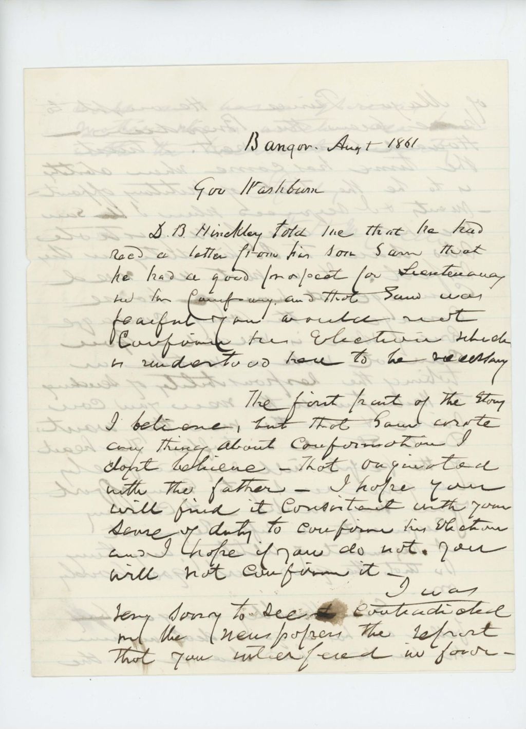 Miniature of W.H. McGillis writes to Governor Washburn regarding promotion of Sam Hinckley to Lieutenant