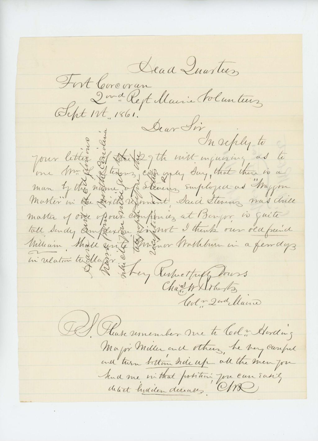 Miniature of Charles Roberts responds to inquiry about William L. Stevens