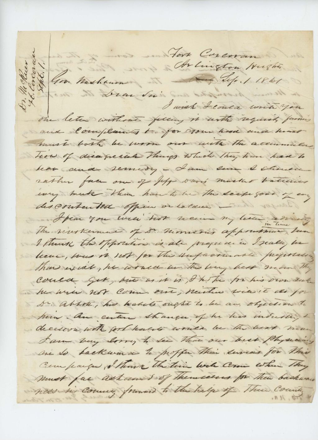 Miniature of Dr. Daniel McRuer writes to Governor Washburn expressing dismay at lack of surgeons