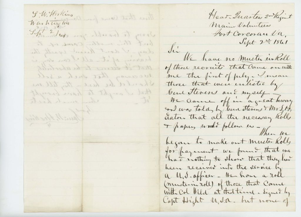 Miniature of Samuel W. Hoskins writes about lack of muster-in rolls for recruits after July 1, 1861