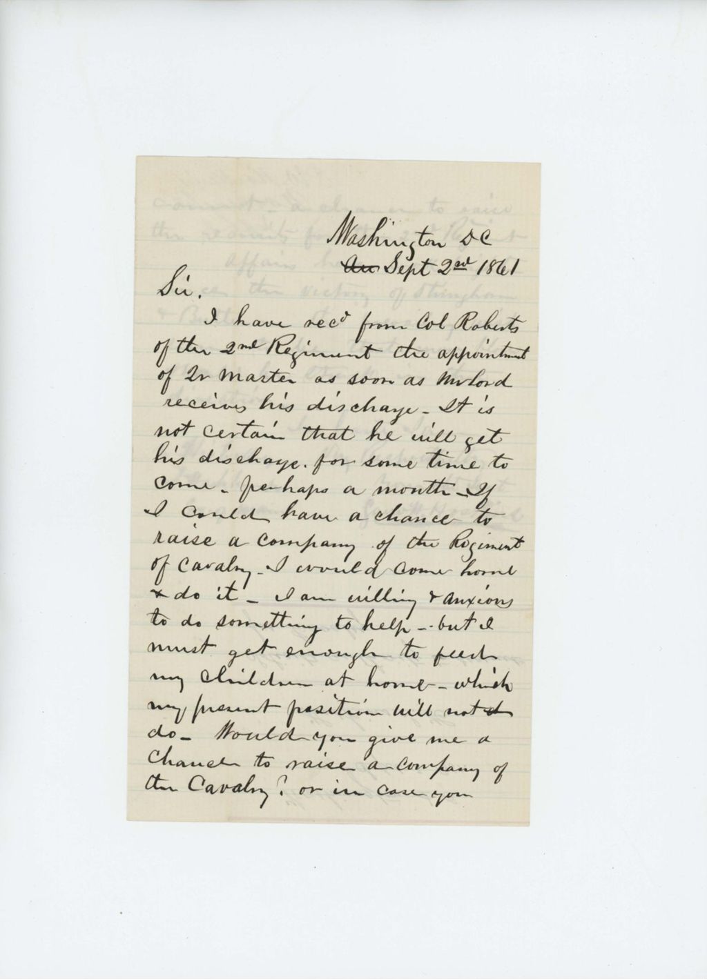 Miniature of Samuel W. Hoskins writes to Governor Washburn asking to raise a company of cavalry or more recruits for 2nd Regiment