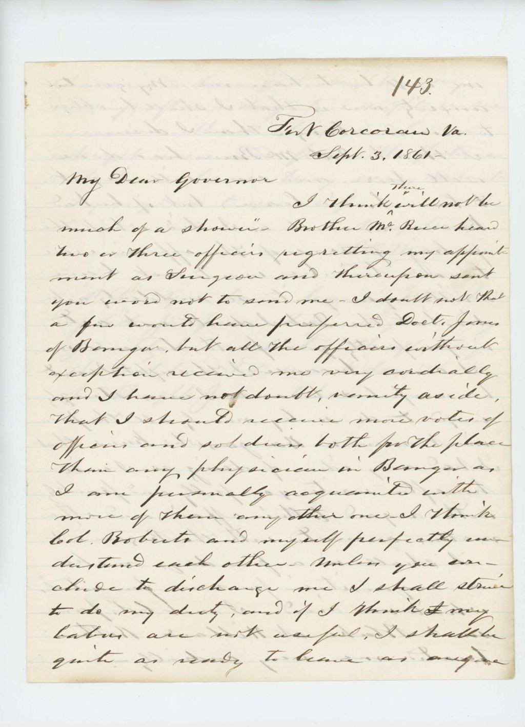 Miniature of S.B. Morrison informs Governor Washburn of his arrival in Virginia