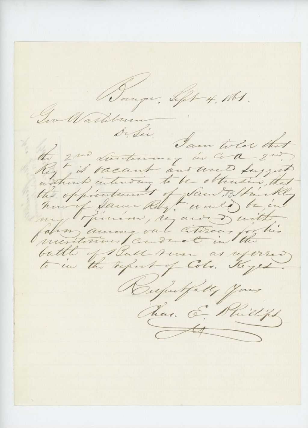 Miniature of Charles E. Phillips writes to Governor Washburn to suggest Samuel Hinckley for 2nd Lieutenant