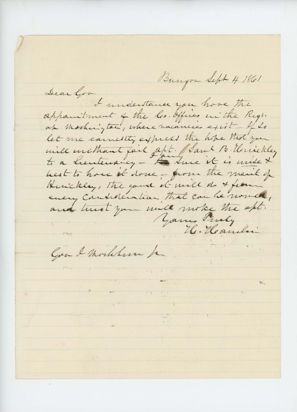 Miniature of Vice President Hannibal Hamlin recommends Samuel B. Hinckley for position as lieutenant