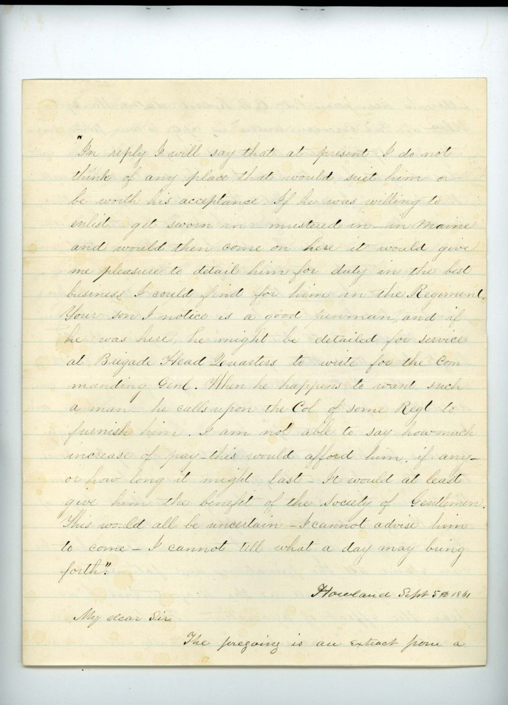 Miniature of William C. Hammatt requests that his son be given a position that does not "herd him with the vulgar"