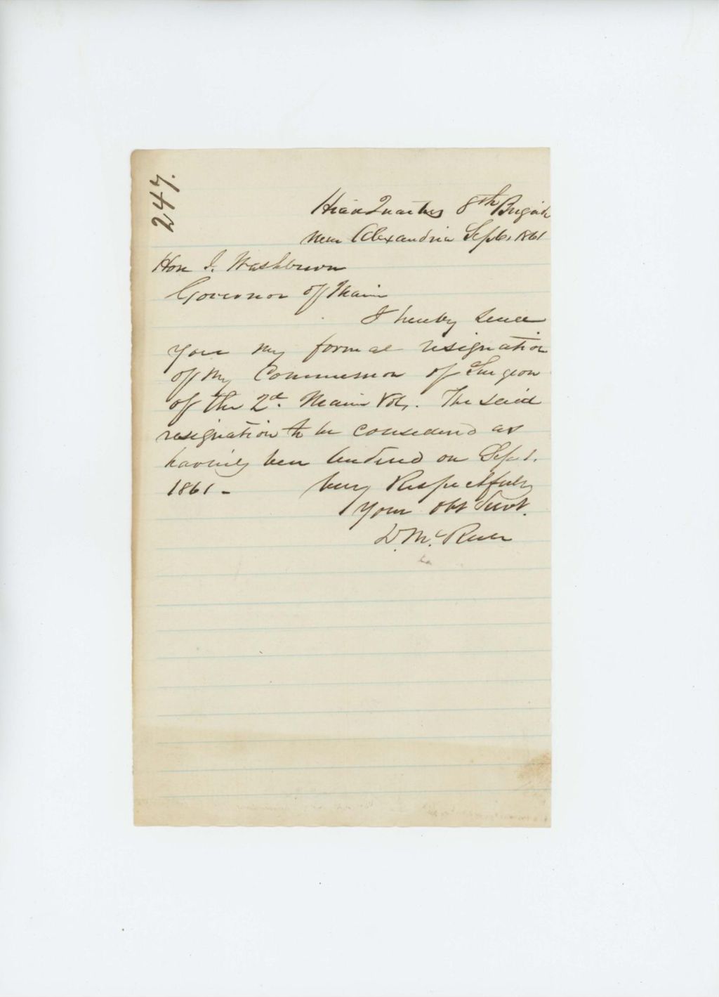 Miniature of Dr. Daniel McRuer submits his resignation to Governor Washburn