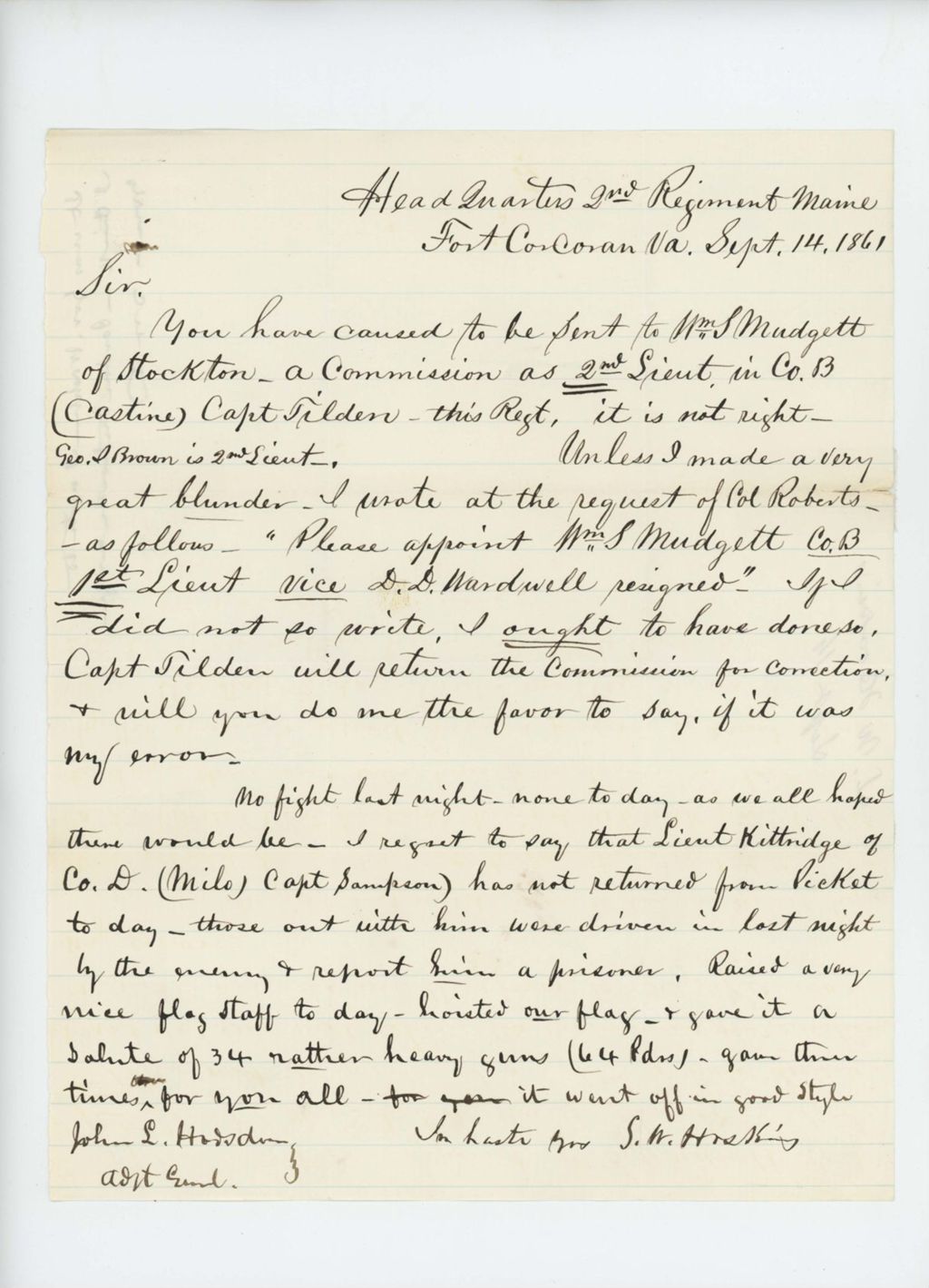 Miniature of Samuel W. Hoskins writes to Adjutant General Hodsdon to correct error in promotions