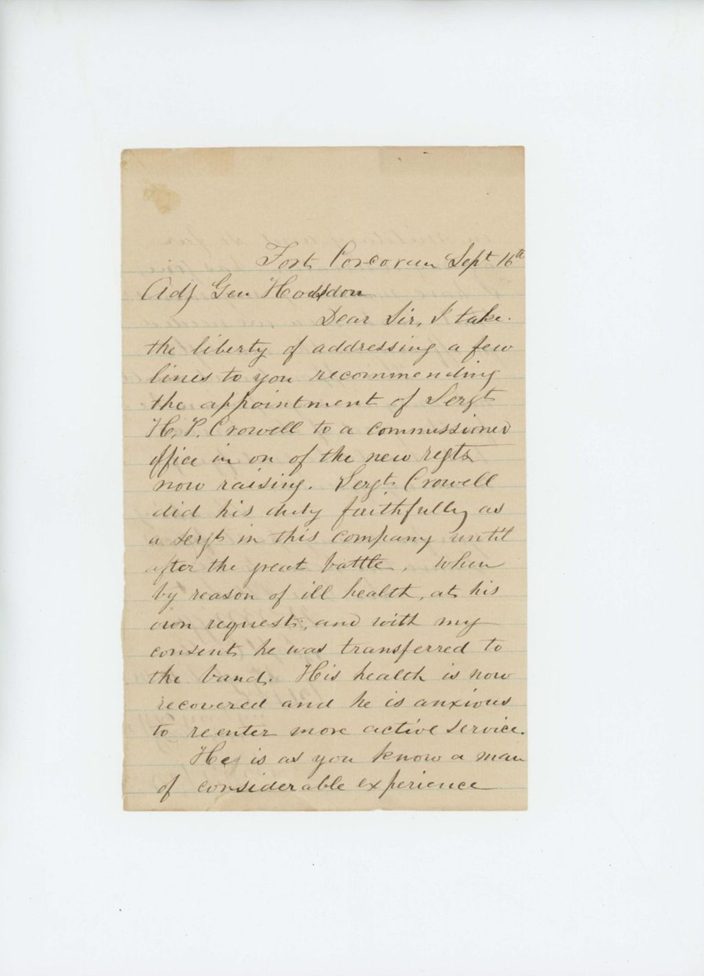 Miniature of Captain Rinaldo B. Wiggin supports transfer of H.P. Crowell to another regiment