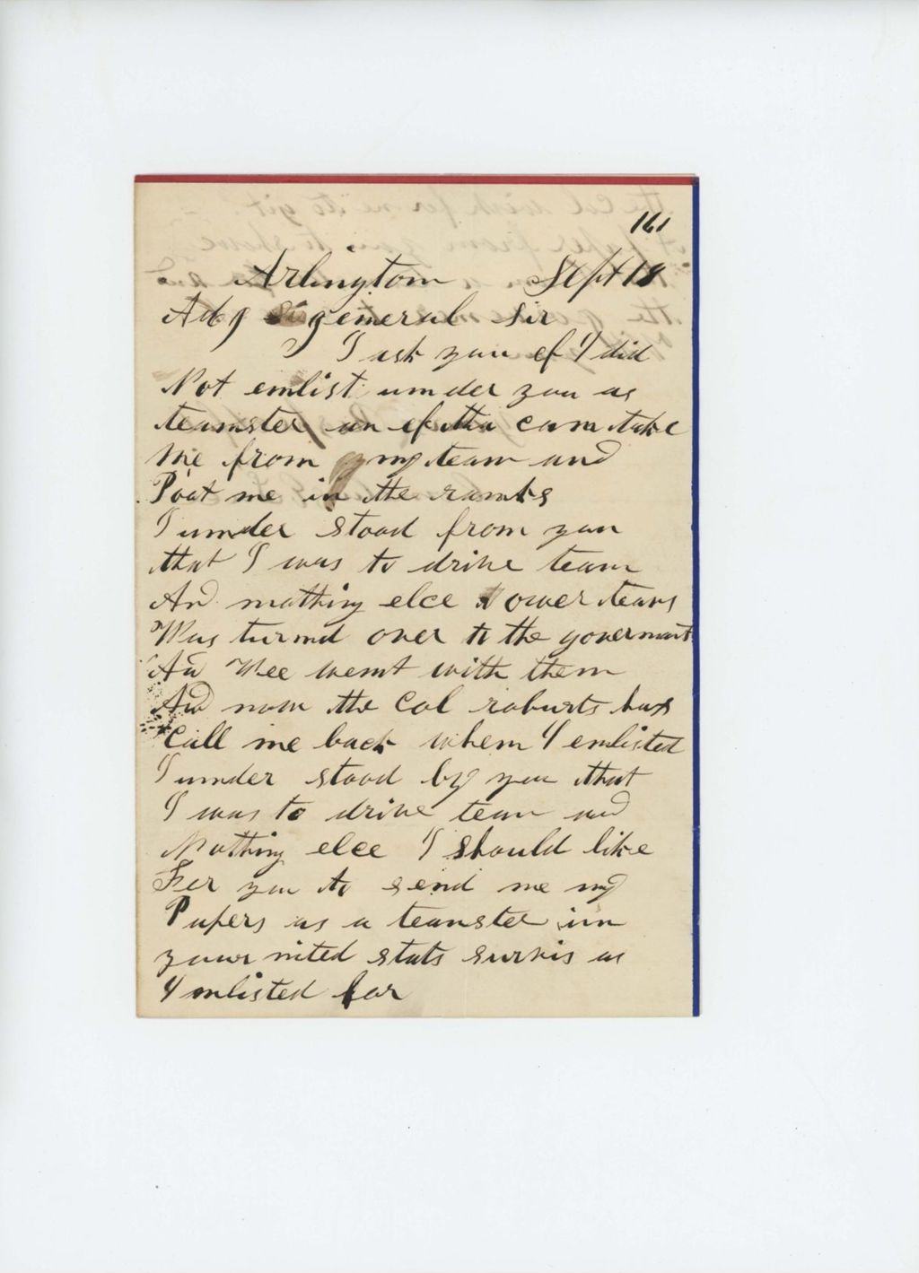 Miniature of Cornelius Luce asks Adjutant General Hodsdon about his status as a teamster