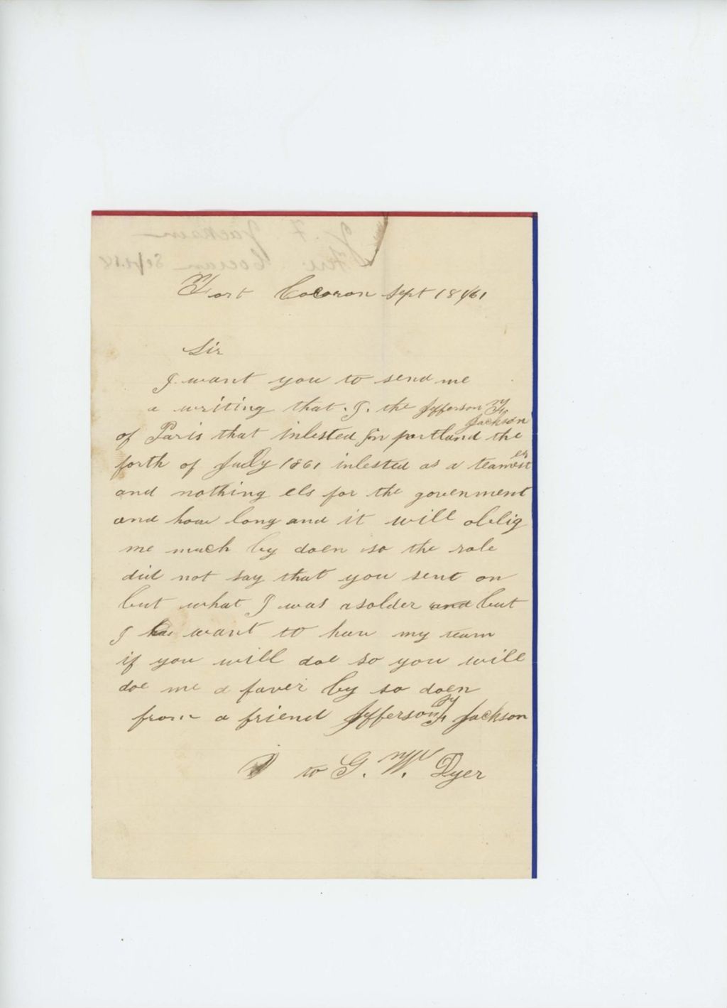 Miniature of Jefferson Jackson asks for papers proving he enlisted as a teamster and nothing else