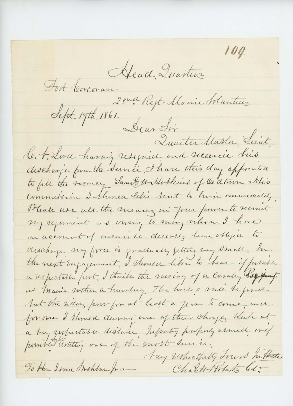 Miniature of Colonel Charles W. Roberts informs Governor Washburn of Samuel W. Hoskins' promotion