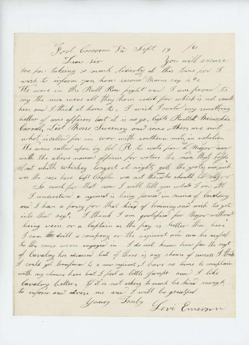 Miniature of Levi Emerson reports on poor behavior of officers and requests transfer to cavalry