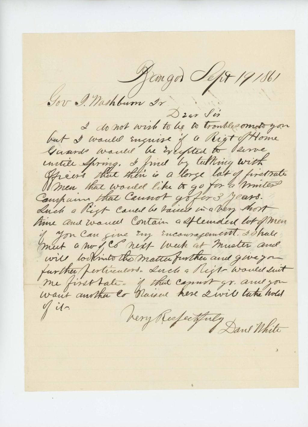 Miniature of Daniel White inquires whether a regiment to serve until spring would be accepted