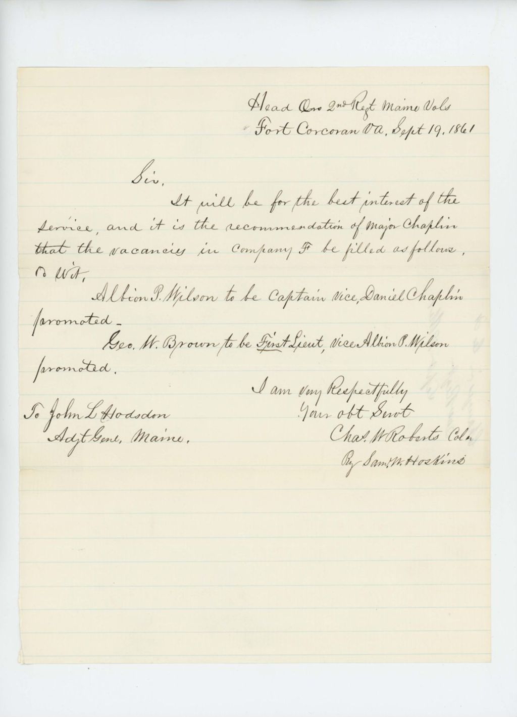 Miniature of Colonel Charles Roberts makes recommendations for regimental promotions