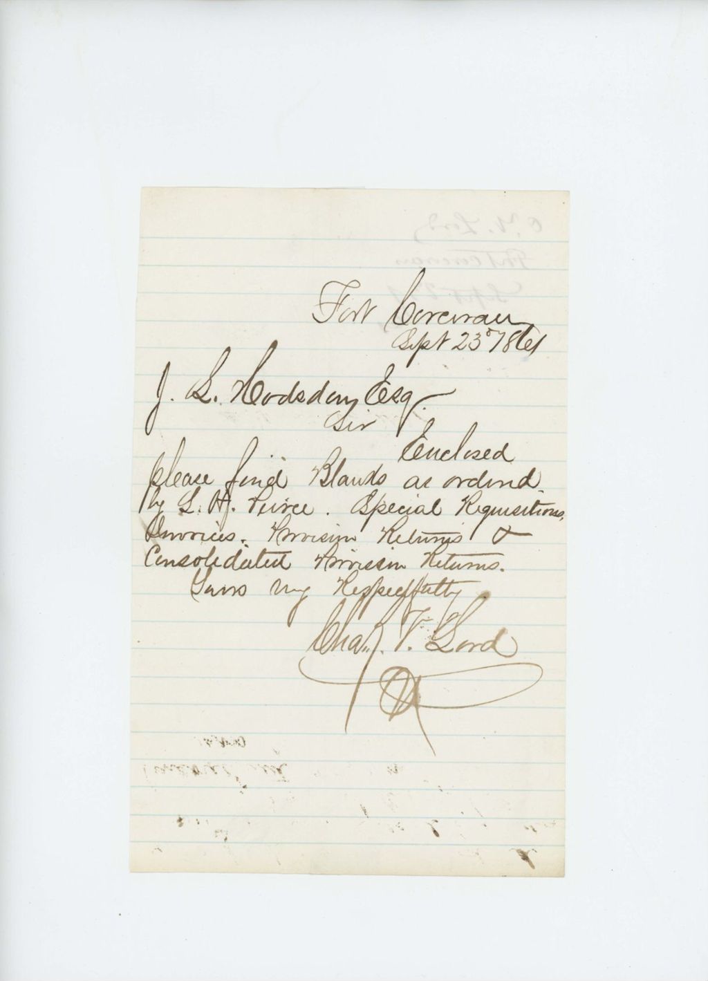 Miniature of Quartermaster Charles V. Lord sends blanks for regimental reports