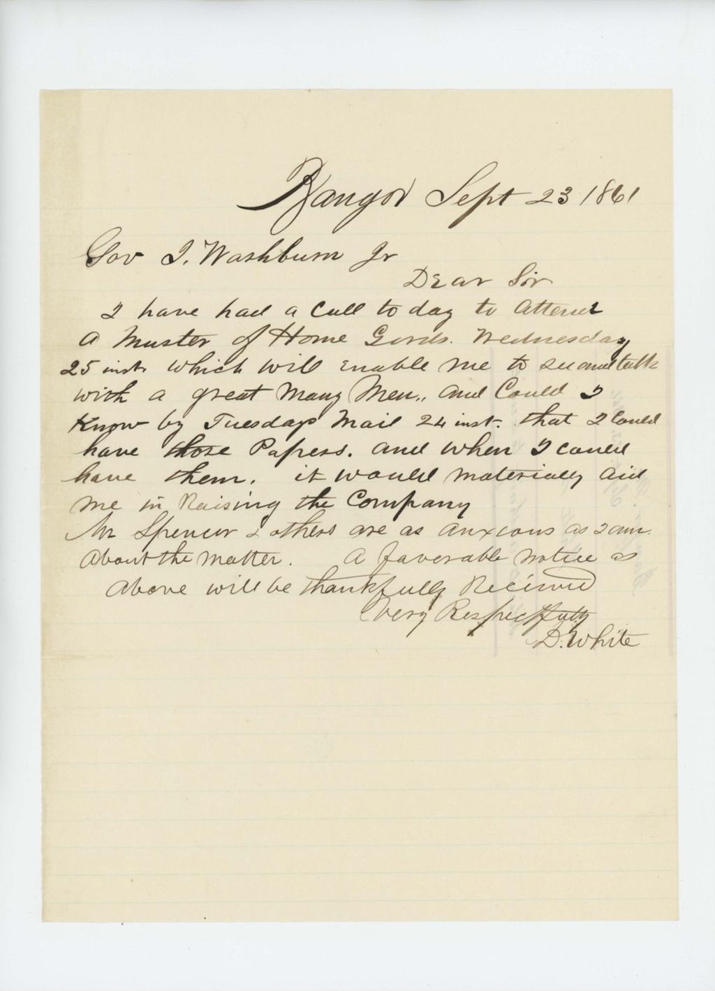 Miniature of D. White solicits permission to recruit men from Bangor