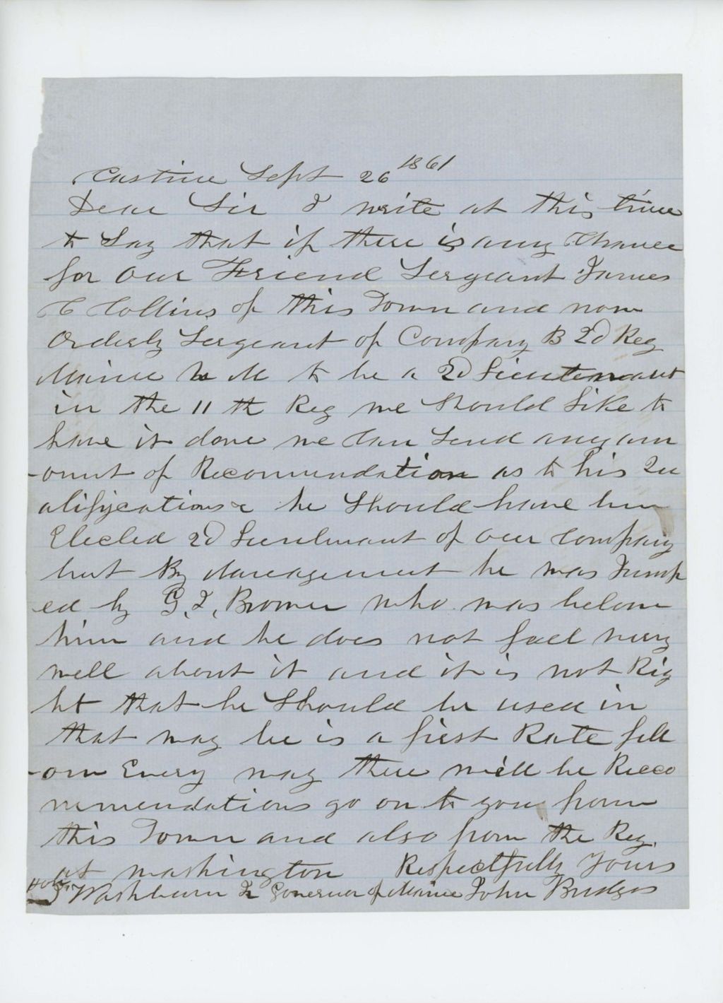 Miniature of John Bridges recommends Sergeant J.C. Collins for commission in the 11th Regiment