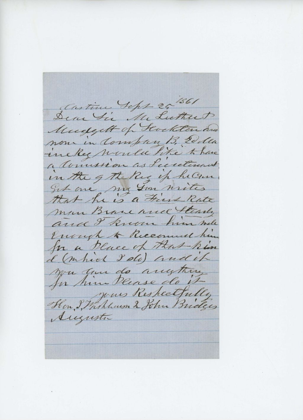 Miniature of John Bridges requests commission for Luther Mudgett in the 9th Regiment