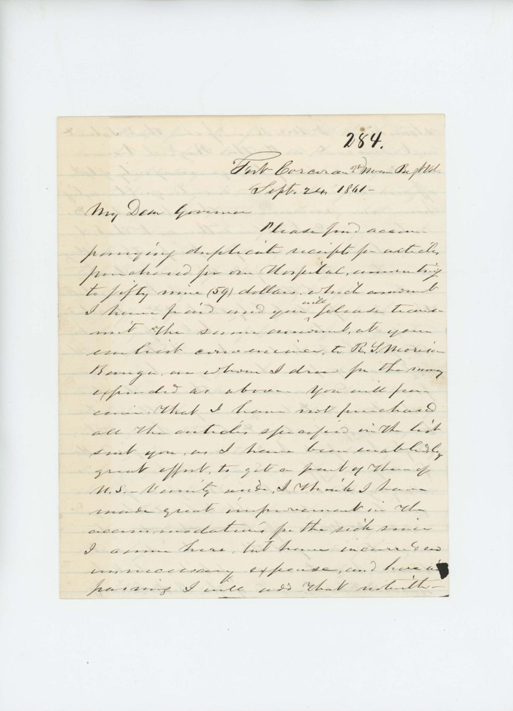 Miniature of Dr. Morrison sends receipts for hospital supplies and a report of the regiment