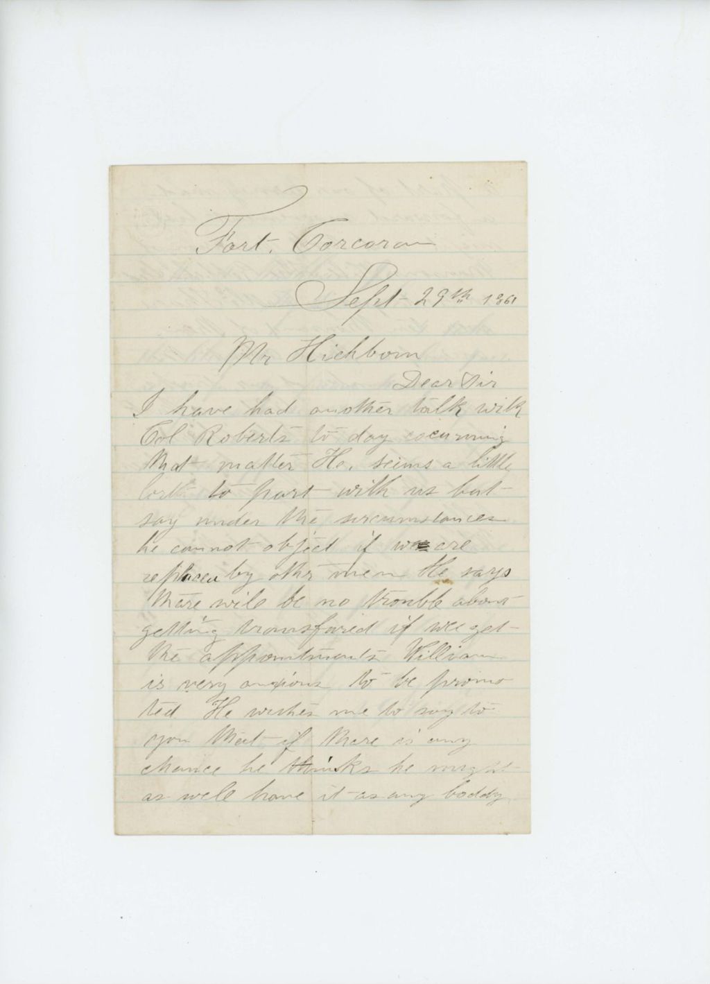 Miniature of Mr. Hichborn forwards a request for transfer from Lewis P. Mudgett