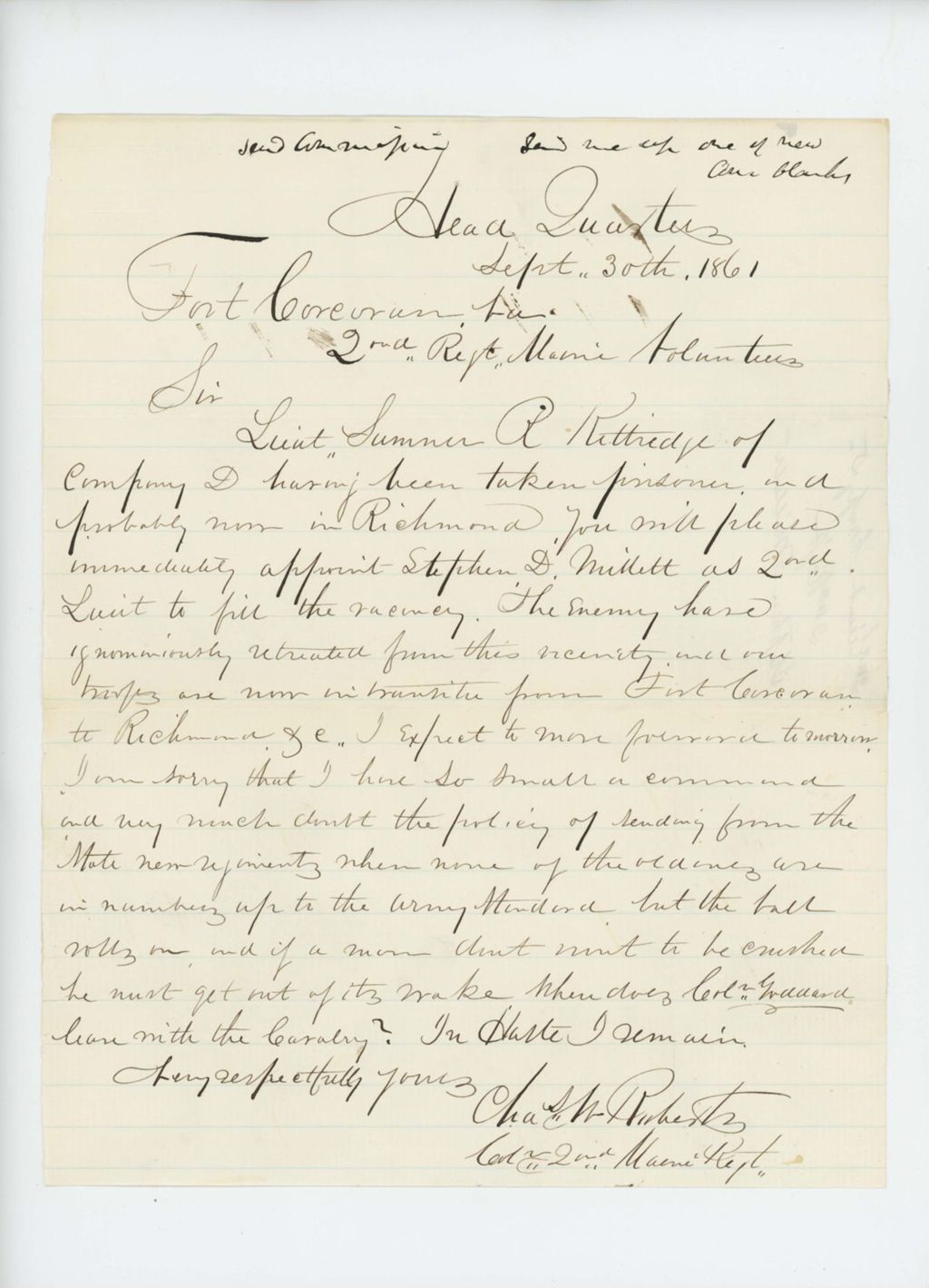 Miniature of Colonel Charles Roberts requests appointment of Stephen D. Millett as Lieutenant