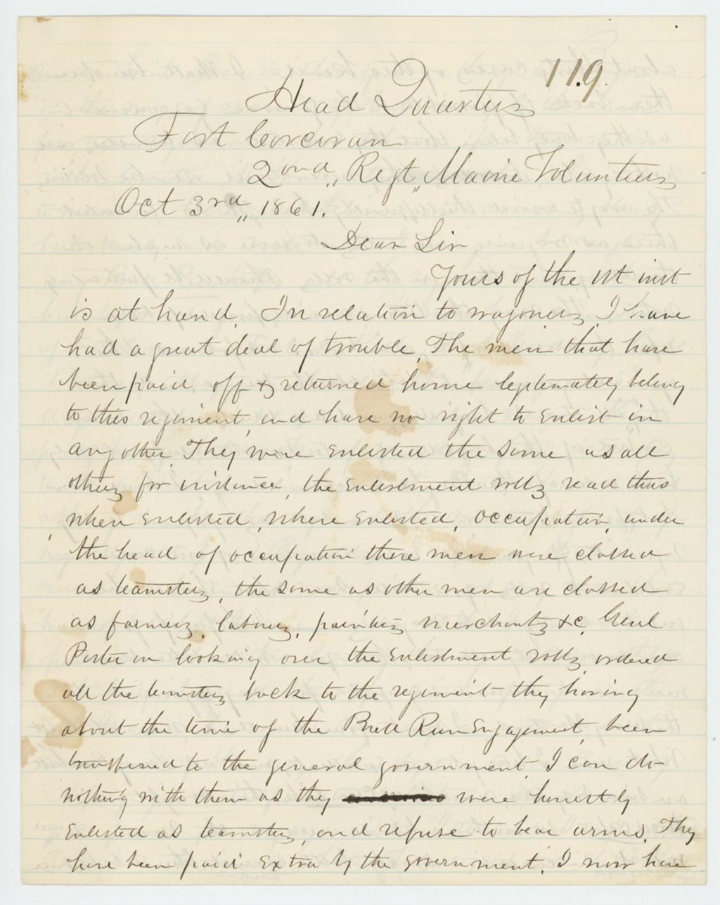 Miniature of Colonel Charles Roberts describes difficulties with teamsters