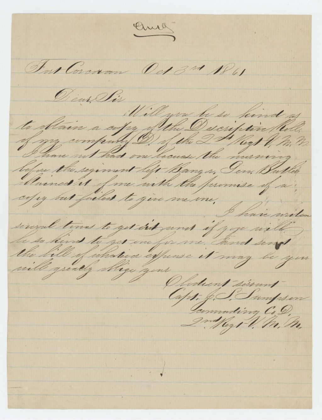 Miniature of Captain J.S. Sampson requests a copy of Company D descriptive roll