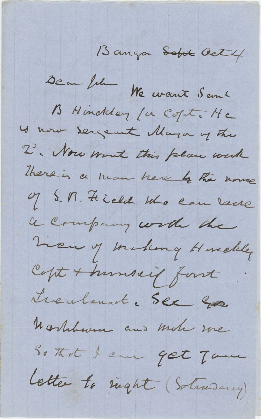 Miniature of W.H McGillis requests Samuel B. Hinckley be promoted to captain