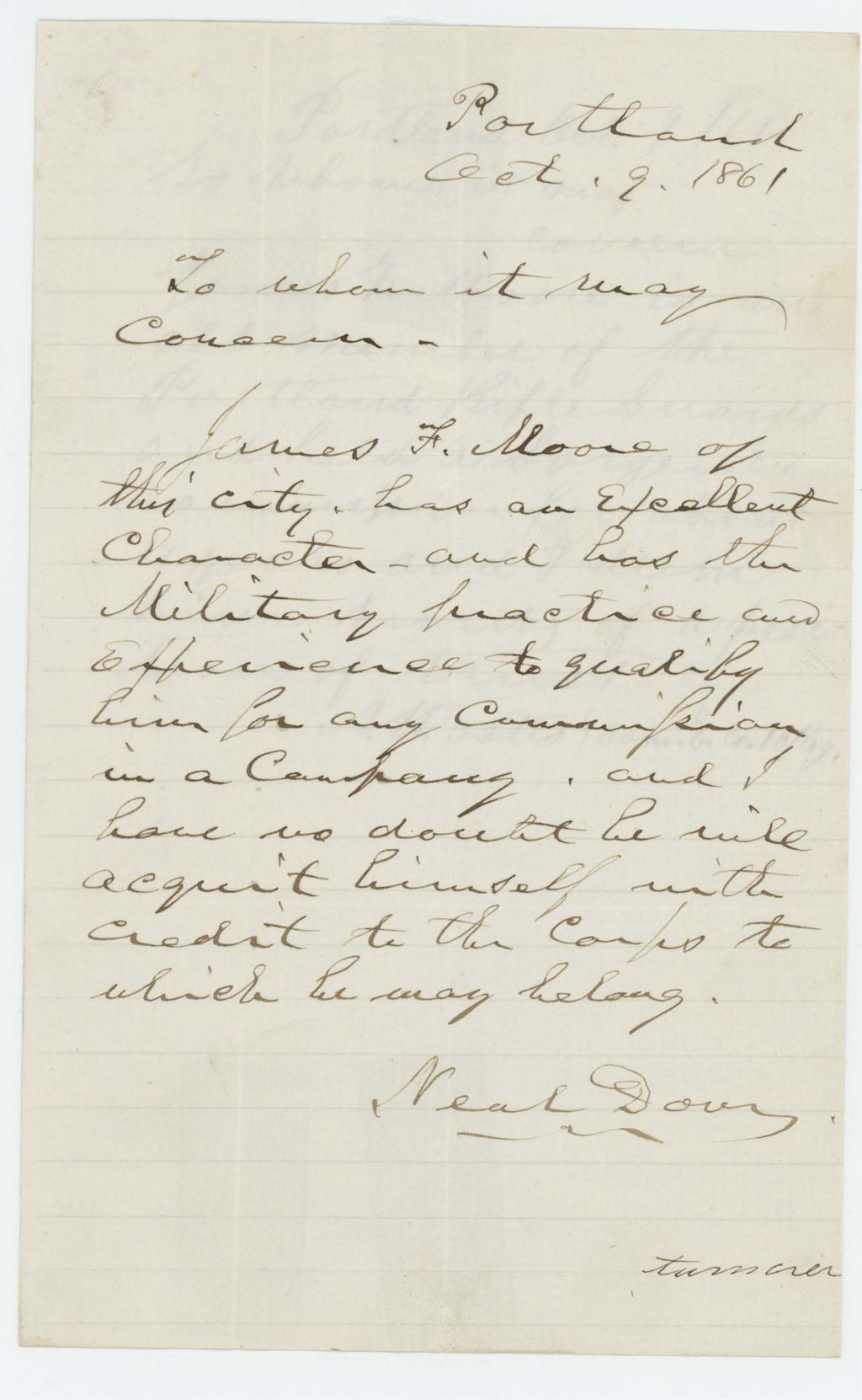 Miniature of Neal Dow and A.H. Estes recommend James P. Moore for commission